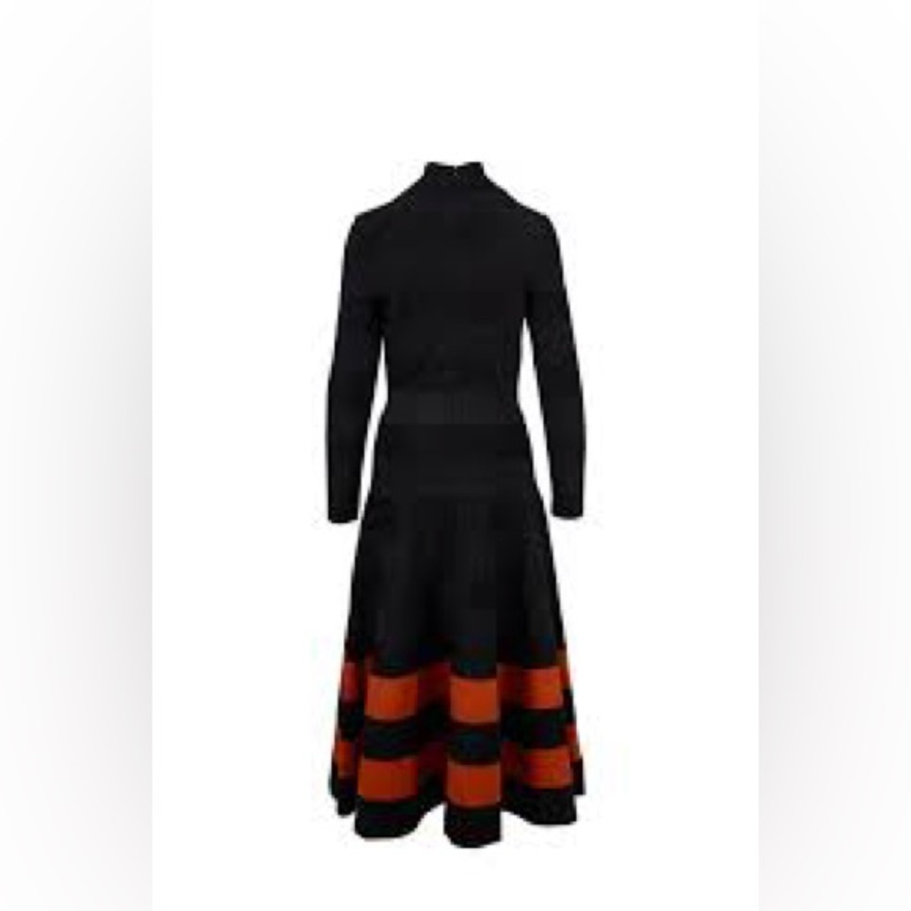 Oscar de la Renta Fall 2019 Black and Cumin Stripe Hem Long Sleeve Dress Size M